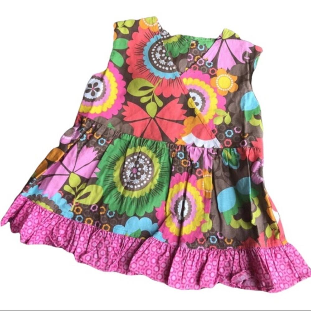 Red Beans Girls Top Sz 4T Floral Faux Wrap Brown Pink Green Blue Yellow‎ Flowers